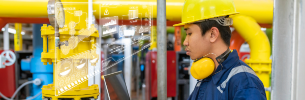 Engineer monitoring digital controls for SOX automation in an oil and gas facility, representing STL Digital's RPA solutions.